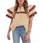 Tankaneo Womens Ruffle Sleeve Babydoll Tops Color Block Summer V Neck Pleated Blouse Dressy Casual Loose Fit Shirts
