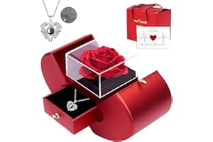 Valentines Day Preserved Red Rose in Heart Box with 925 Sterling Silver Necklace, Forever Rose Valentine's Day Gift for Girlf