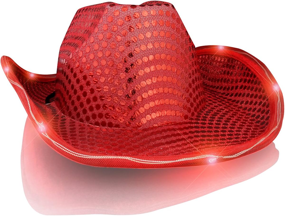 Red Sequin Light Up LED Cowboy Hat with Red LED Brim: Clothing