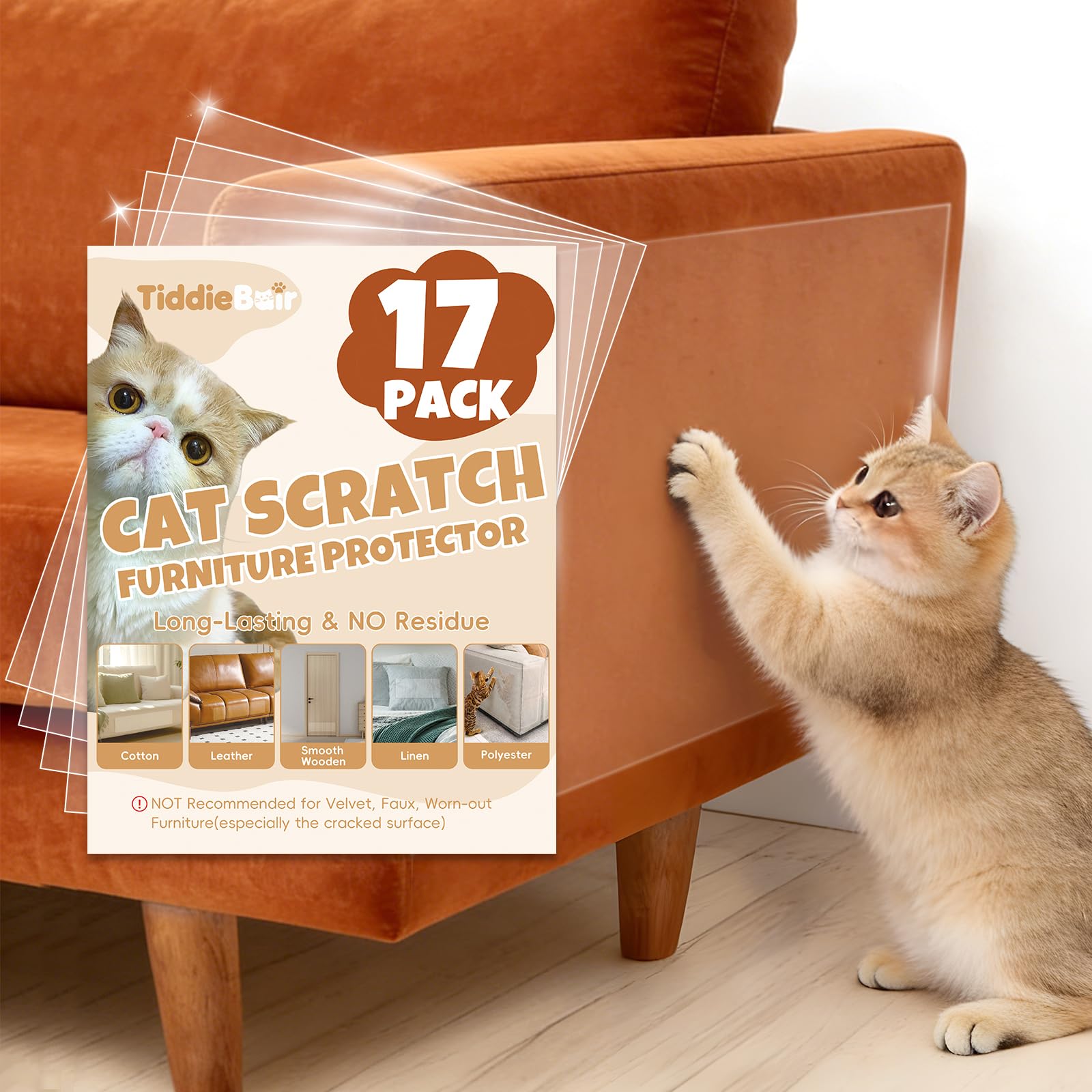 Photo 1 of 17Pack- Anti Cat Scratch Furniture Protector, Clear Couch Protector from Cat Claws, Pet Deterrent for Sofa Wall Door Bed, Single Sided Self Adhesive Easy Apply, Heavy Duty- with 50 Twist Pins