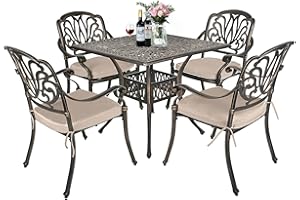TITIMO 5-Piece Cast Aluminum Outdoor Patio Dining Set, 4 Pattern Chairs and 35.4" Square Table,Cast Aluminum Conversation Set with 2.2” Umbrella Hole (with Khaki Cushions, 1 Square Table + 4 Chairs)