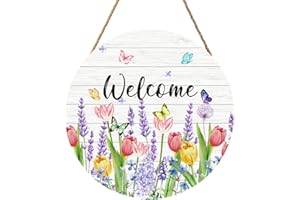 HAROONI Welcome Spring Summer Tulip Flower Front Door Sign Spring Door Decorations Floral Wooden Hanging Sign Summer Door Hanger Tulip Wreath Wall Sign for Indoor Outdoor Porch Yard Garden Decor 12x12 Inch