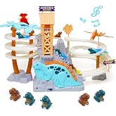 Dinosaur Chasing Track Playset with Music - Double Loop Slide, Climb Stairs &amp; Roller Coaster, Educational Toddler Toy for Parent-Kid Play, Gift for 3+ Boys Girls (Green)