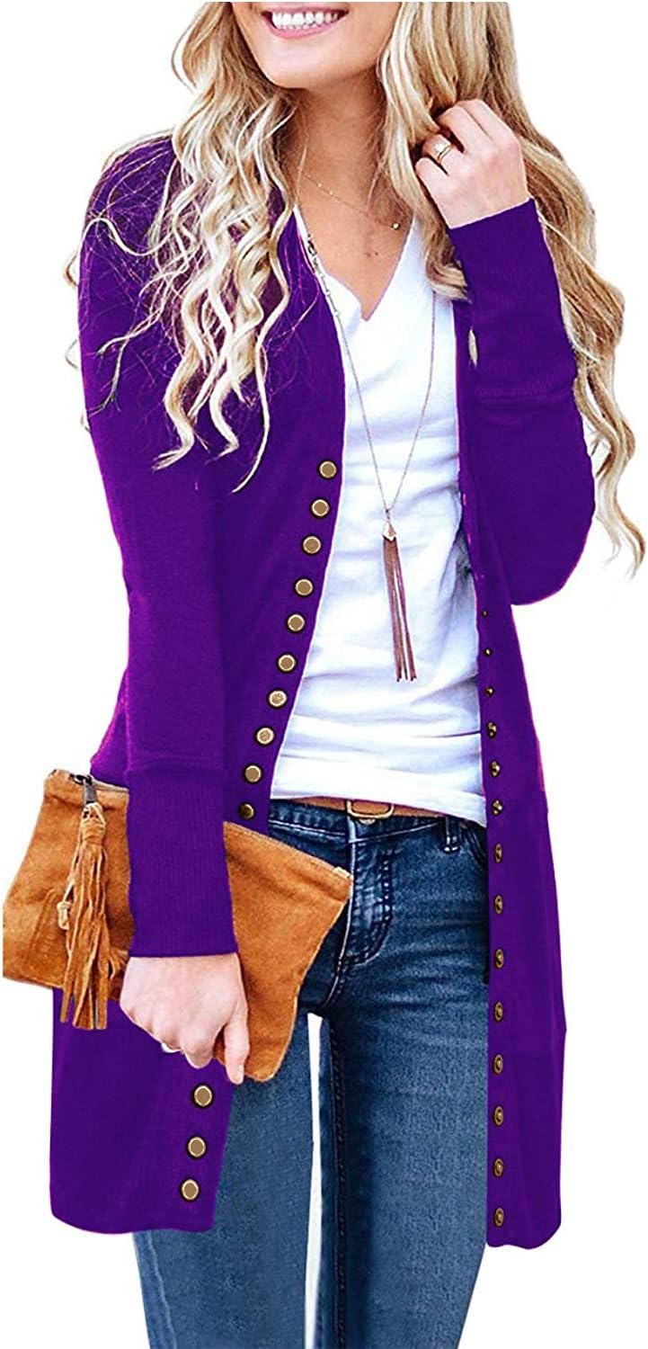 Women's Long Sleeve Casual Button Down Basic Knit Long Cardigans