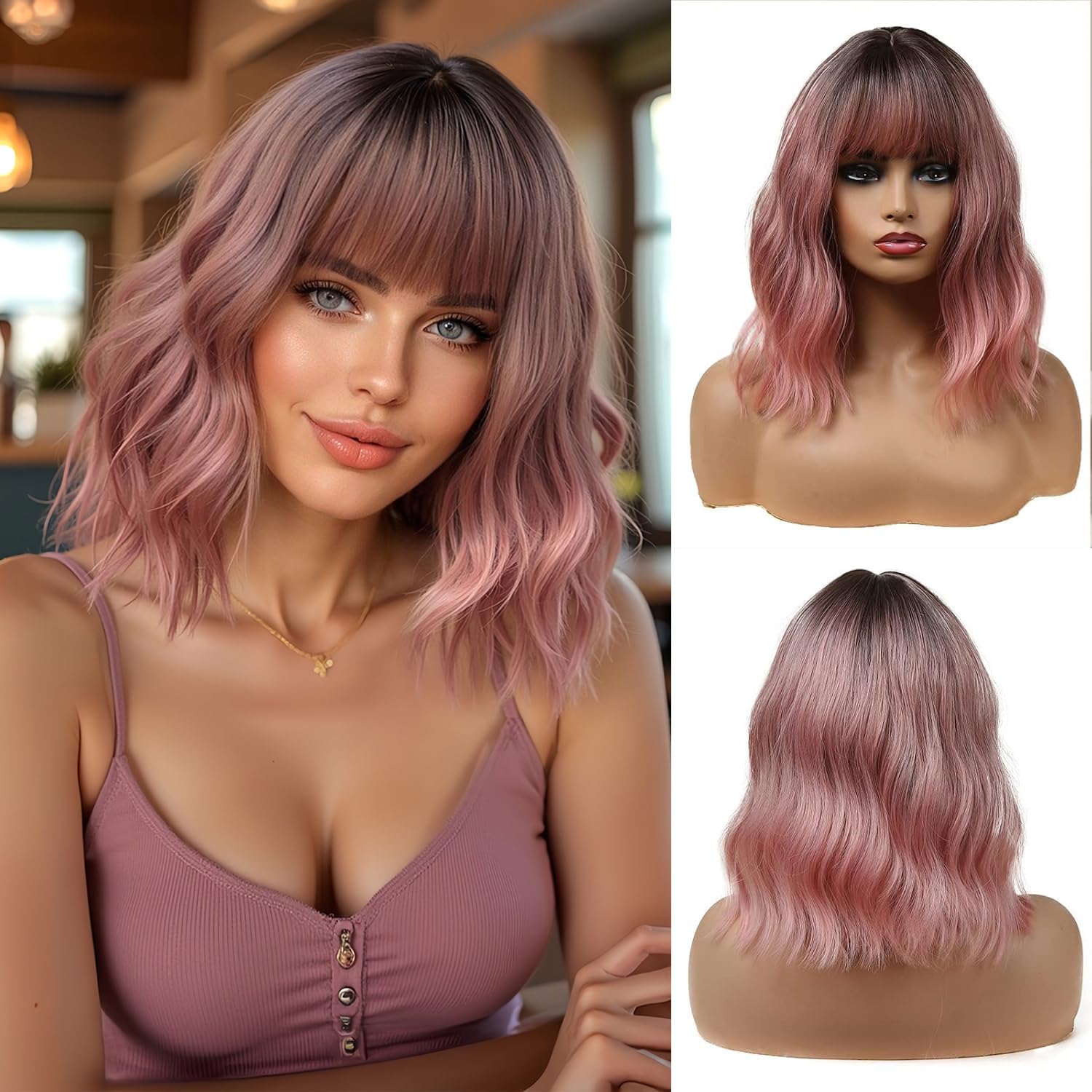 Esmee 14 Inches Short Pink Wigs with Bangs for Women Natural Synthetic Hair Ombre Wig with Dark Roots Loose Wavy Wigs for Cosplay Daily Party Wear — image 1