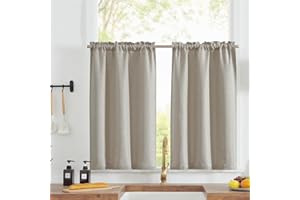 jinchan Linen Kitchen Curtains 24 Inch Length Window Treatment Farmhouse Rustic Cafe Curtains for Living Room Bedroom Rod Pocket Room Darkening 2 Panels Greyish Beige