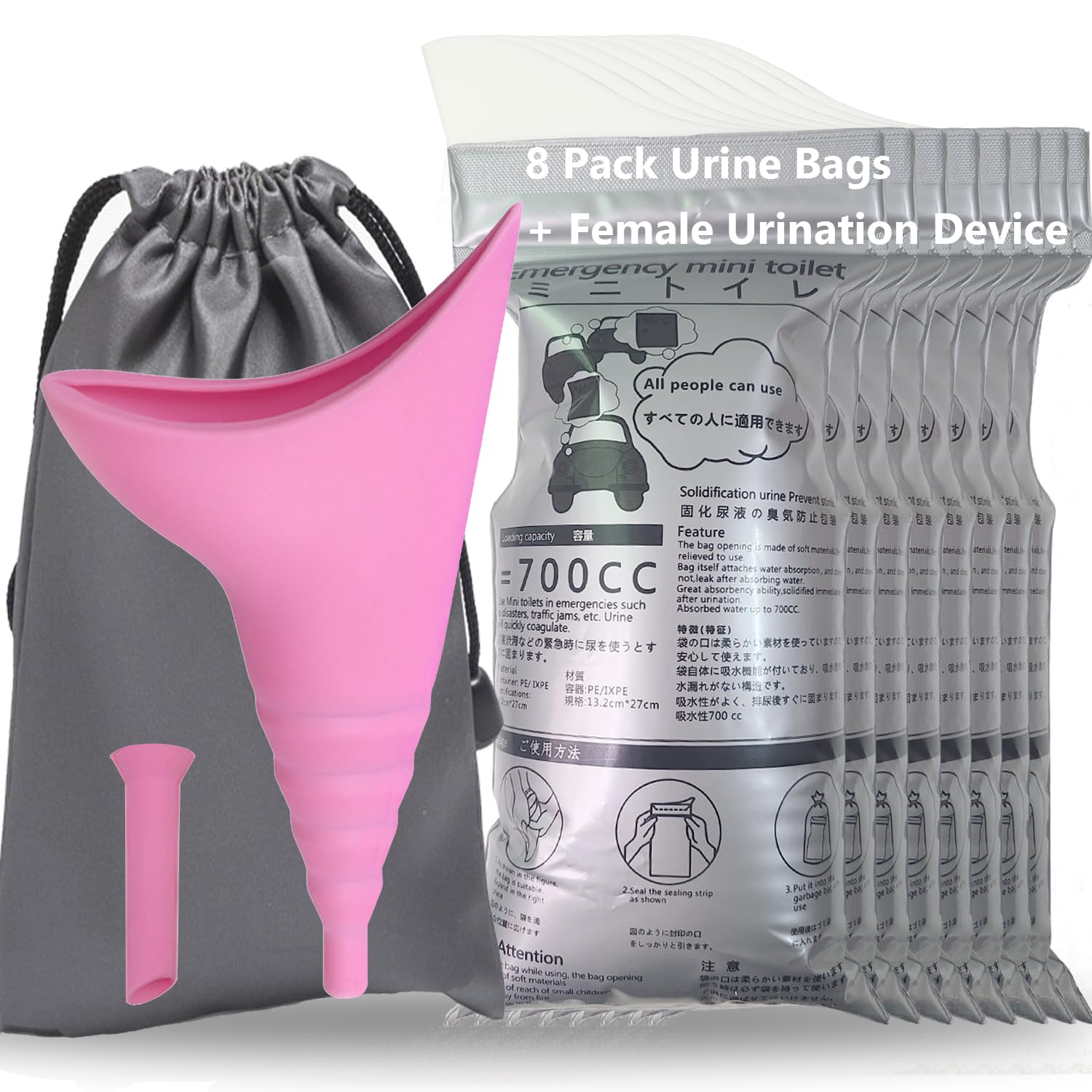 Alled 8 Pack Disposable Urine Bags With Female Urination device,Pee Urine Bags and Female Urinal Funnel for Men Kids Children Women Patient and Pregnant Bedridden Sitting Standing Vomit Bag