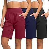 Neer 3 Pack Women's Bermuda Shorts, High Waist Cotton Stretch Casual Bottoms Knee Length Summer Athletic Short with Pockets(Black, Dark Blue, Claret,XX-Large)