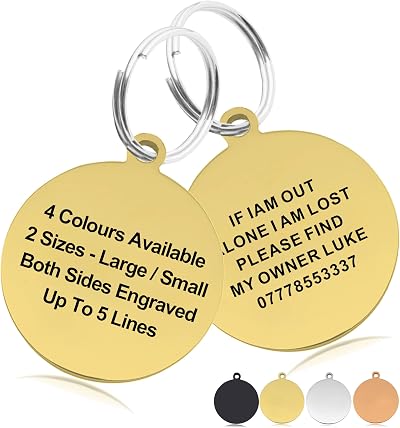 Padding Paws Personalised Engraved Dog Tag ID Name Tag L Gold Round