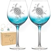 Hand Blown Wine Glasses for Red / White Wine, Set of 2 Turtle Burgundy Glasses, Gifts for Turtle Lovers Mother's Day, Teal Crackle Lead-Free Stemmed Glassware for Anniversary Wedding Birthday 19 Oz