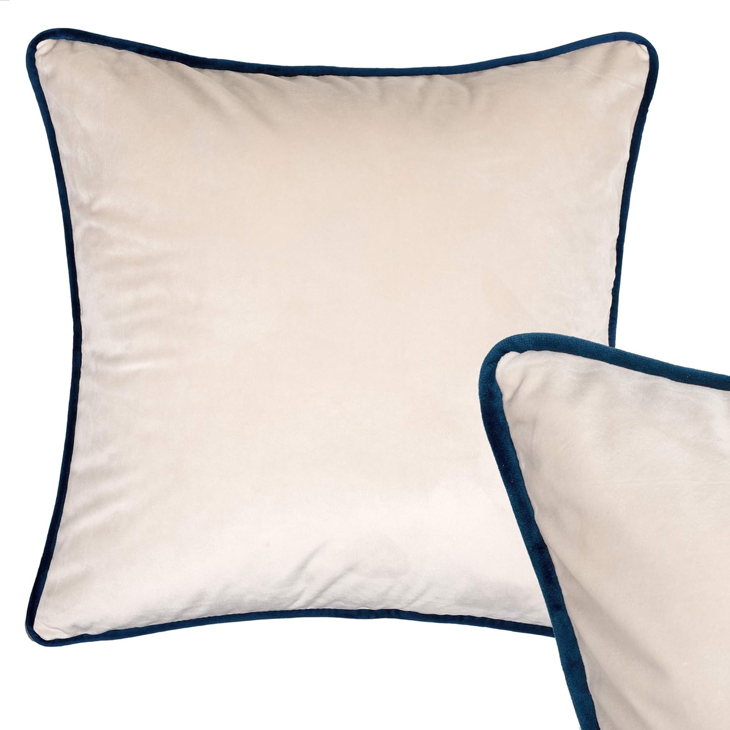 Cushoo 100 Velvet Cushion Cover in Cream with Navy Blue Edge Piping