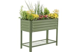 VEGO GARDEN Elevated Raised Garden Bed- Slim Series, 1.5' x 3.5' Outdoor Planters Boxes with Legs & Storage Rack for Patio, 500 Lbs Weight Capacity, Raised Beds for Gardening Herbs Vegetables Flowers, Olive Green