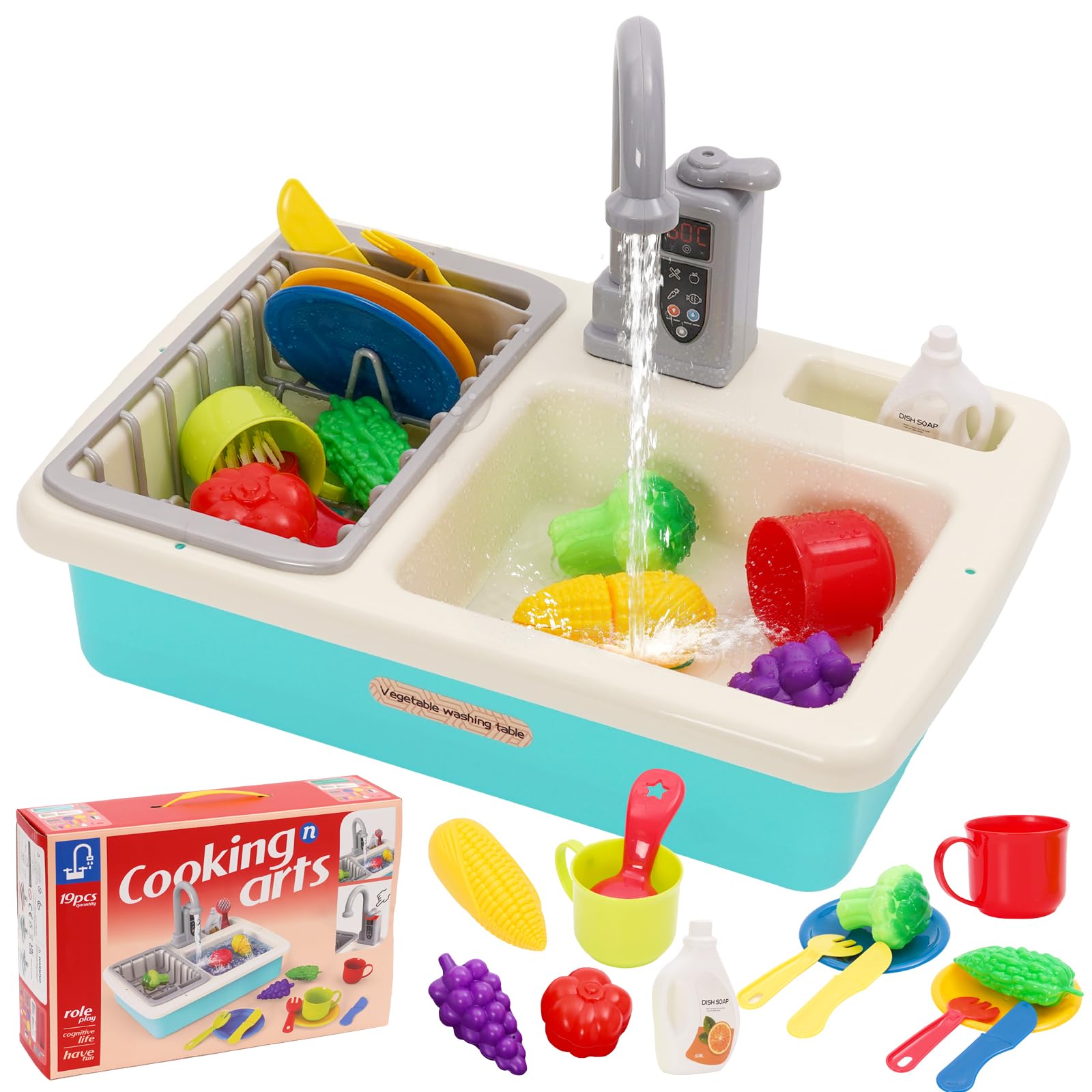 Kids Kitchen Play Sink Toy Set Pretend Role Play Kitchen Toys with Running Water System Play Food and Cutting Playing Kitchens Sink Toy Set for Boys Girls 3 4 5 6 7 Years Old