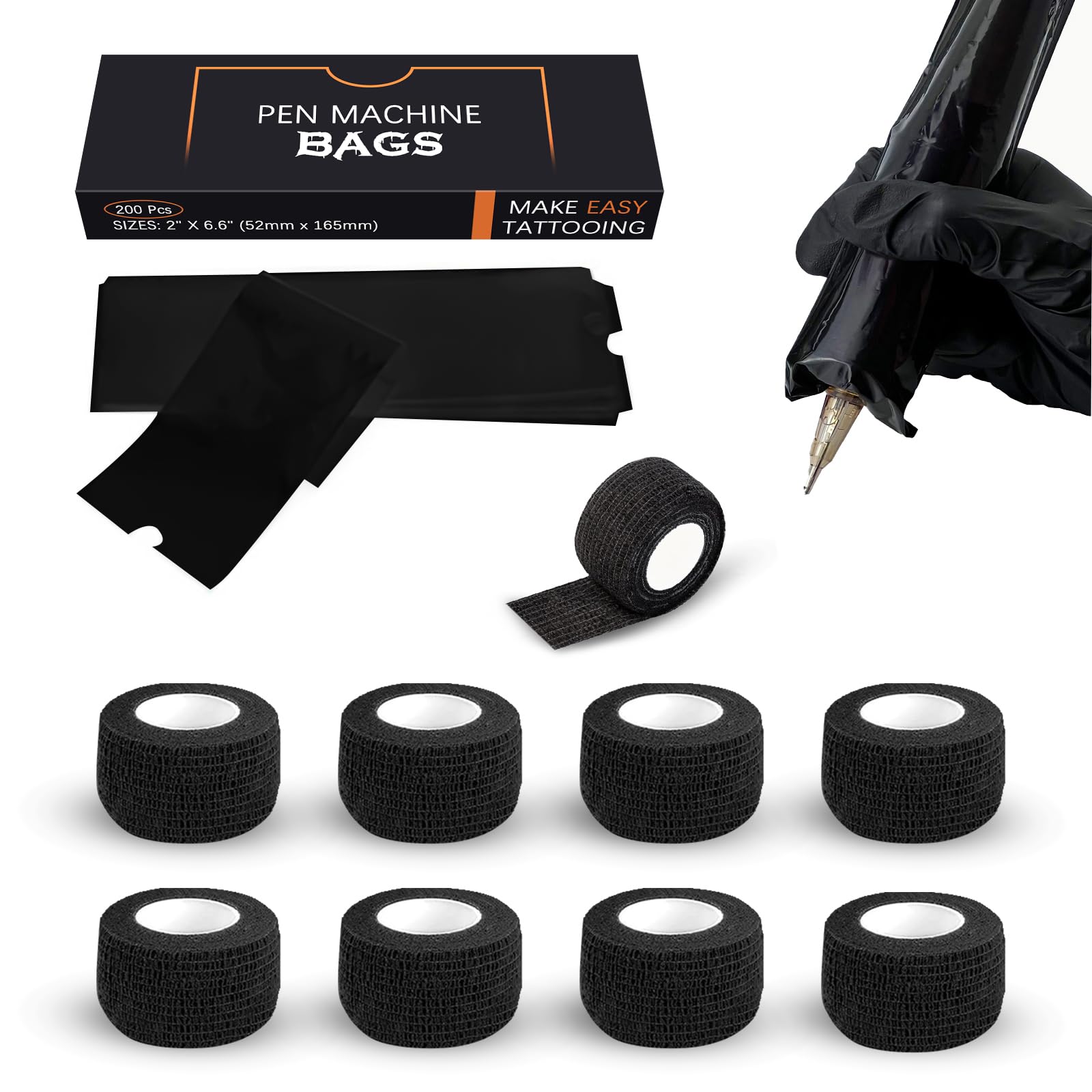 EZ Tattoo Machine Covers with Grip Tapes - 9PCS (1inch x 5 Yard) Black Grip Wrap with 200pcs (2.0 inch X 6.6 inch) Black Pen Machine Covers