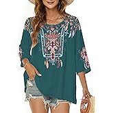 LauraKlein Women Mexican Embroidered Shirt for Women Bohemian Style Top Blouse 3/4 Sleeve Summer Casual Tunics