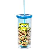 Silver Buffalo SpongeBob SquarePants Krabby Patties Plastic Tall Cold Cup with Lid and Straw, 20 Ounces