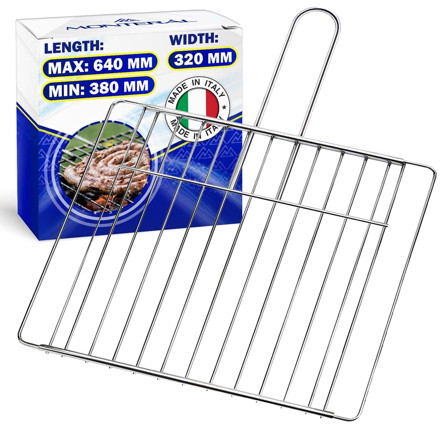 Sliding Barbecue Grill 38 cm to 64 cm x 32 cm Made of Chrome Stainless Steel and Equipped with Countersunk Screws and Mounting Wrench - Made in Italy - 10 Year Warranty - MONTERAL