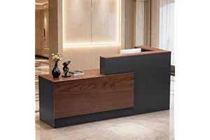 YORKGARGEN L-Shaped Large Wooden Reception Desk, Modern Front Desk Reception Counter with Lockable Drawers & Storage & Keyboard Tray, for Checkout, Lobby (Right-Walnut/Gray, 71''L x 42''W x 41''H)