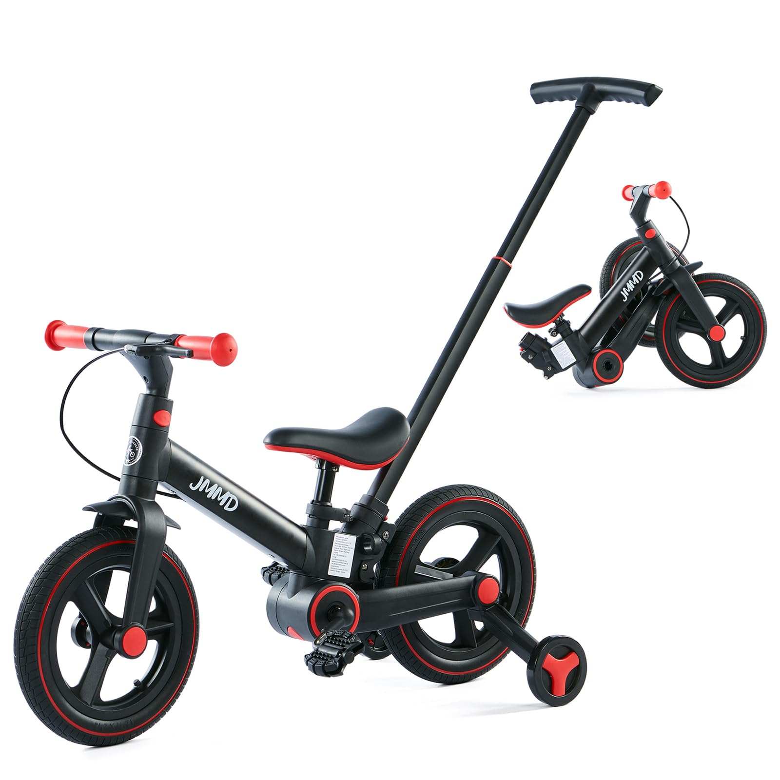 Photo 1 of JMMD Toddler Bike with Push Handle for Kids 1-3 Years, 6 in 1 Push Bike with Training Wheels & Pedals, Balance Bike for Boys and Girls with Brakes & Kickstand, Black