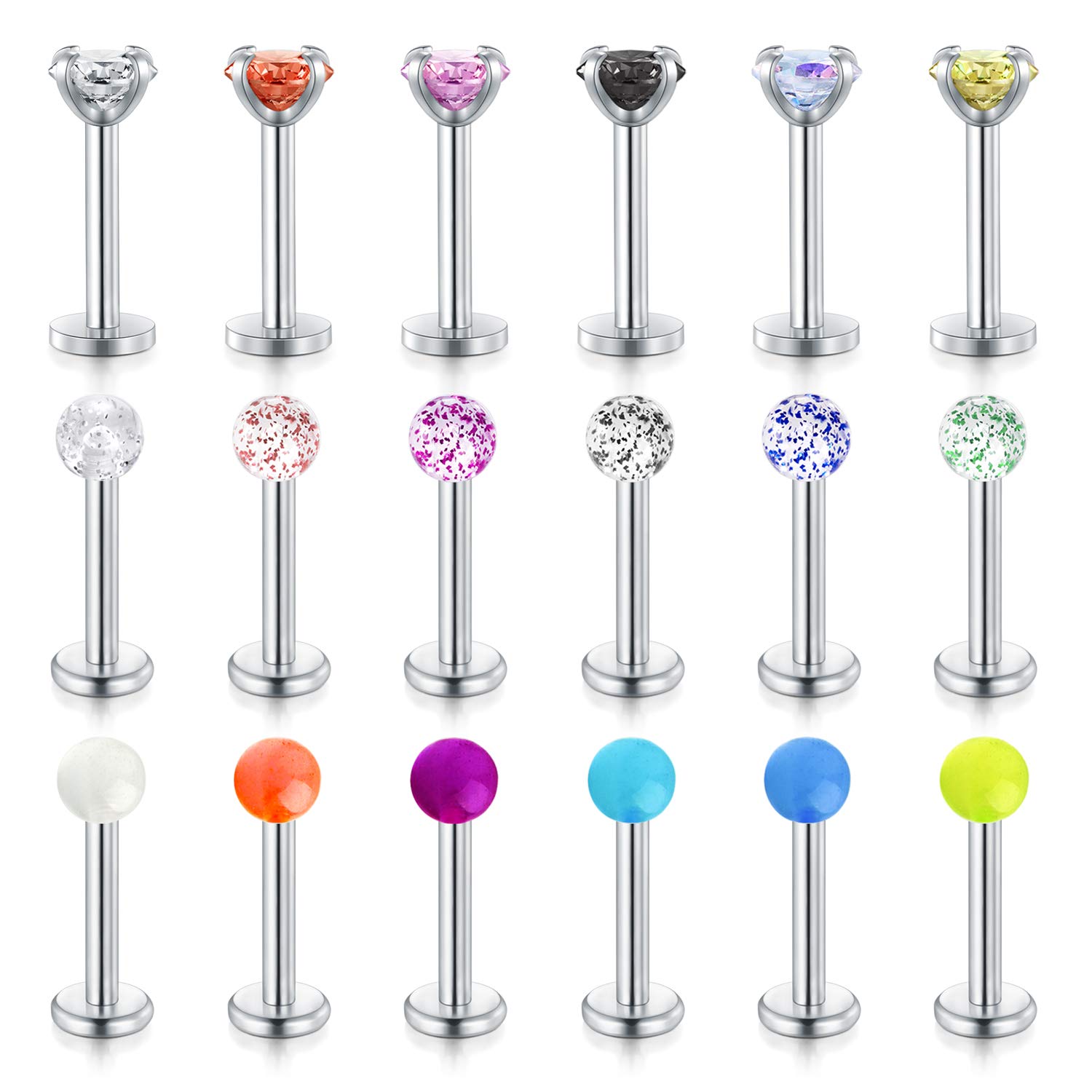 LAURITAMI 18pcs Lip Bars Rings Labret Studs Ring Piercing Jewellery Conch Cartilage Tragus Helix Earring Barbells 8mm 16G Surgical Steel