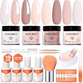 modelones Dip Powder Nail Starter Kit, 4 Colors Nude Pink Brown 19 Pcs | White Nail Dip Powder Liquid Set with Top Base Coat, Activator, Powder Brush, Recycling Tray for Nails Manicure