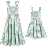AWIBMK Mommy and Me Matching Dresses Plaid Midi Dress Summer Square Neck Ruffle Flowy Beach Mom Daughter Outfits
