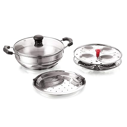 BMS Lifestyle Induction Base Stainless Steel Glass Lid Modak, Momo and idli Maker with Steamer