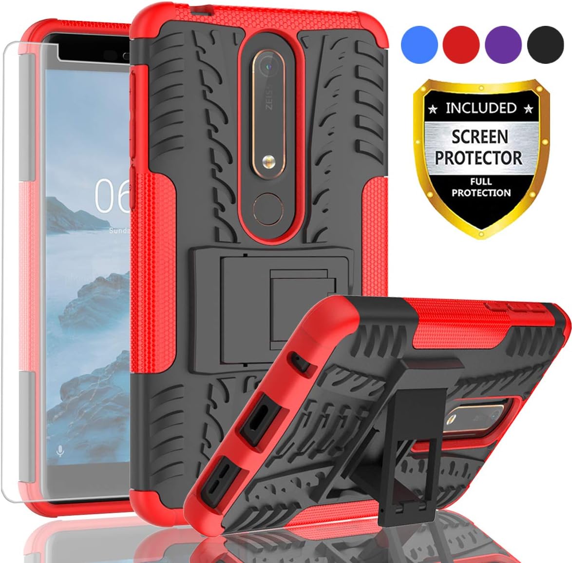 AYMECL Nokia 6 2018 Phone Case,Nokia 6.1 Case,Tire Pattern Design Heavy Duty Dual Layer Shock Resistant Armor Kickstand Cover with HD Screen Protector for Nokia 6 2018-HN Red