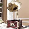 HZLSBL Vintage Gramophone with Bluetooth Output Vintage Record Players Retro Gramophone Turntables for 7" 9" 12" Vinyl Records 3 Speed, Hi-Fi, Handcrafted by Pure Oak (Walnut)