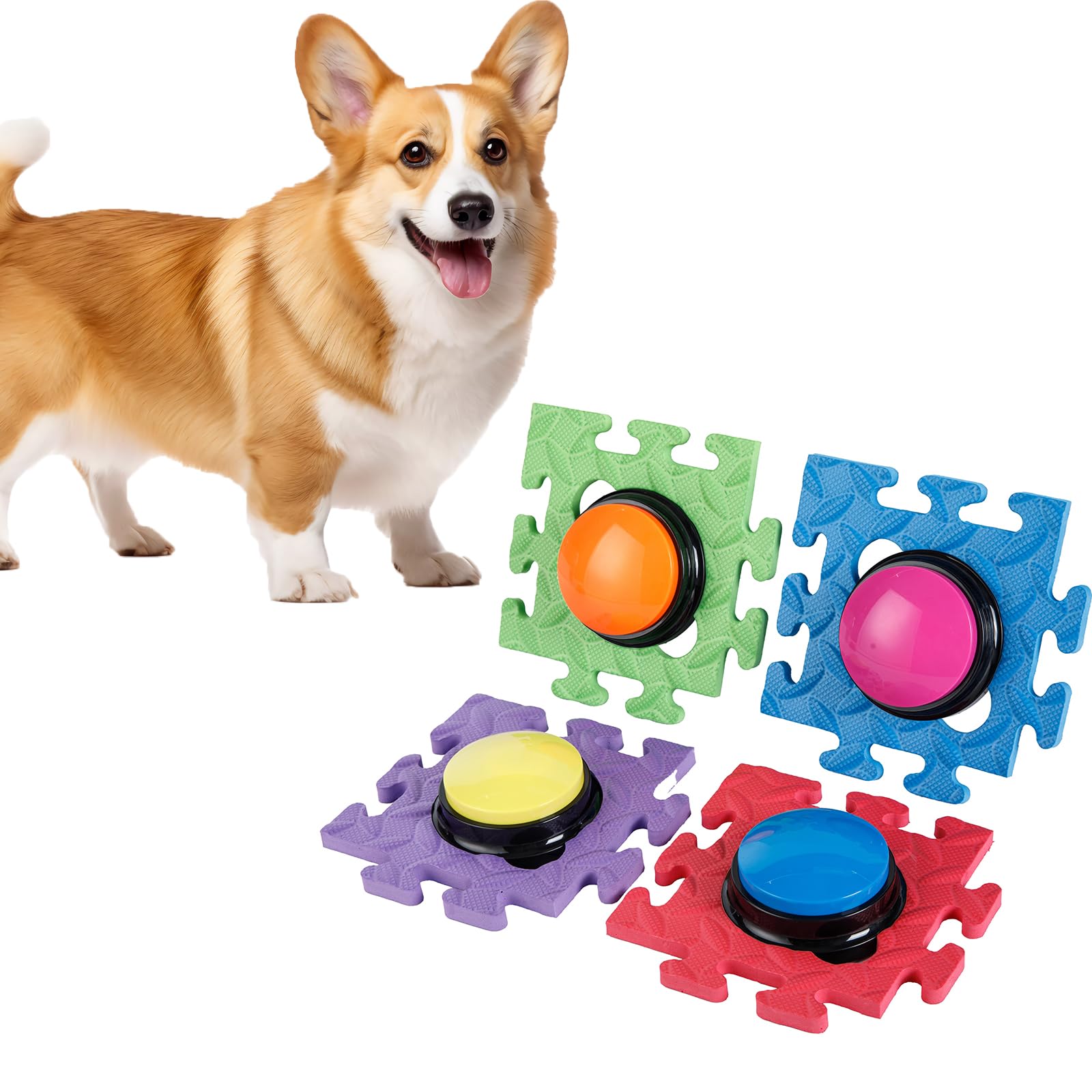 MEMOEVER Dog Buttons Talk Training, Recordable Training Buttons for Communication Pet Training, Train Your Dog to Press Buttons, Funny Present for Dog (4 Packs with Mat)