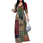 PinkPatty Women's Print Maxi Dresses 3/4 Sleeve Flowy Long Dress V Neck Wrap Tie Waist Sundress