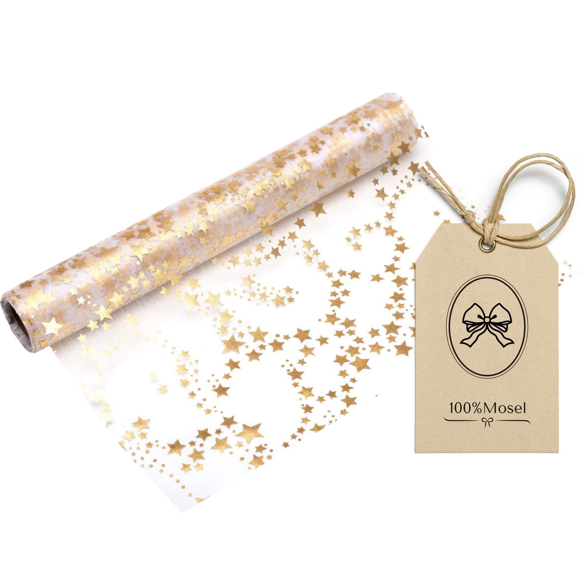 100%Mosel Table Runner Gold Stars - Organza Fabric Roll - 28 cm x 5 m - Gold Metallic Print - Christmas Table Decoration- Wedding - Party