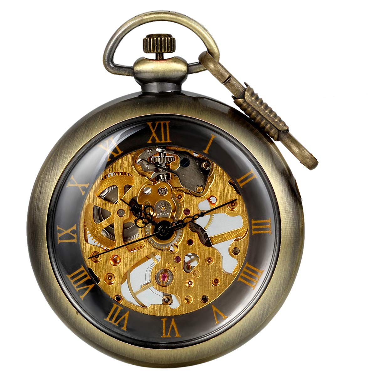 JewelryWe Mens Vintage Mechanical Pocket Watch - Analog Skeleton Hand Wind Mechanical Watch with Roman Numbers Open Face