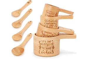 XYLOLFSTY Christmas Wooden Measuring Cup and Spoon Set with Festive Designs Stackable Measure Cups and Spoons with Comfortable Grips Essential Kitchen Gadgets for Cooking and Baking Gift for Christmas