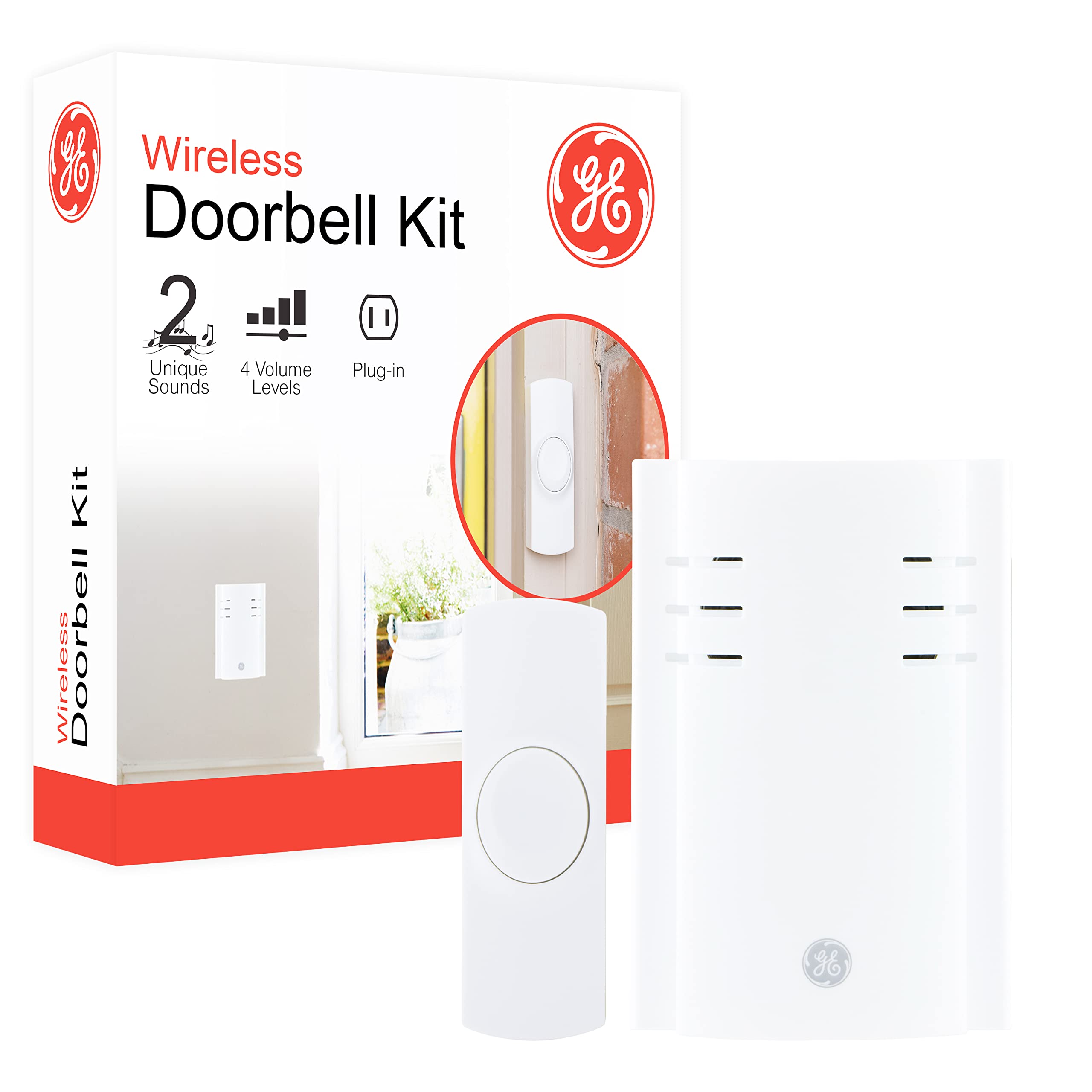 Photo 1 of GE Wireless Doorbell Kit, Plug-In Receiver, 1 Push Buttons Door Bell, 2 Melodies Doorbell Chime, 4 Volume Levels, Classroom Doorbell, 150 Ft Range, White, 19298