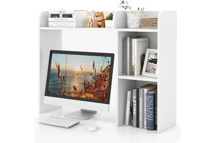 Tangkula Desktop Bookshelf, Countertop Storage Hutch with 5 Shelves for Computer Desk, Desk 3-Tier Display Rack, Multipurpose Wood Desktop Hutch Storage Organizer for Dorm Office Home