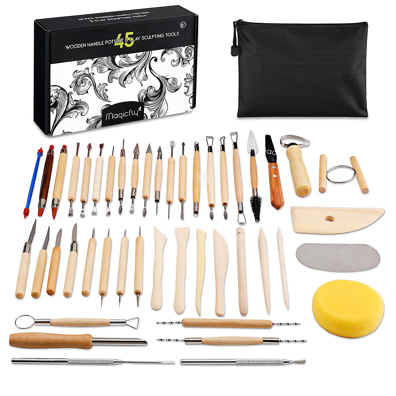Magicfly 45PCS Clay Sculpting Tools, Ceramic Tools Polymer Clay Tools Clay Sculpting Set, Pottery Carving Tool with a Storage Bag for Shapers and Modeling Embossing Art DIY