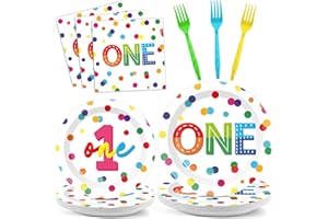 CHUNNIN 96pcs Rainbow 1st Birthday Plates and Napkins Confetti Happy Birthday Party Decorations with Polka Dot Confetti Dessert Plates Colorful 1st Tableware for 24 Guests 1 Year Old Party Supplies