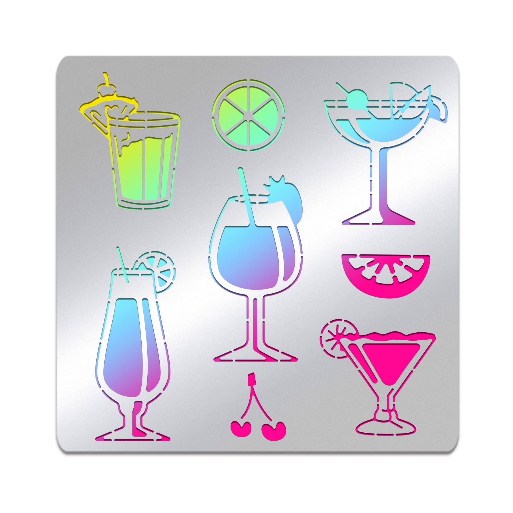 BENECREAT Summer Drink Stainless Steel Stencil, Various Styles Hawaiian Lemon Cocktail Cup Patterns Metal Journal Template for Wood Burning Engraving Painting Scrapbooking, 15.6x15.6cm