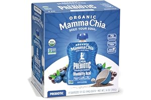 Mamma Chia Organic Prebiotic Squeeze Snack, Blueberry Acai, Fiber-Rich Prebiotic Gut Support, USDA Certified Organic, Non-GMO, Vegan, Gluten Free, 14 Ounce (Pack of 6)