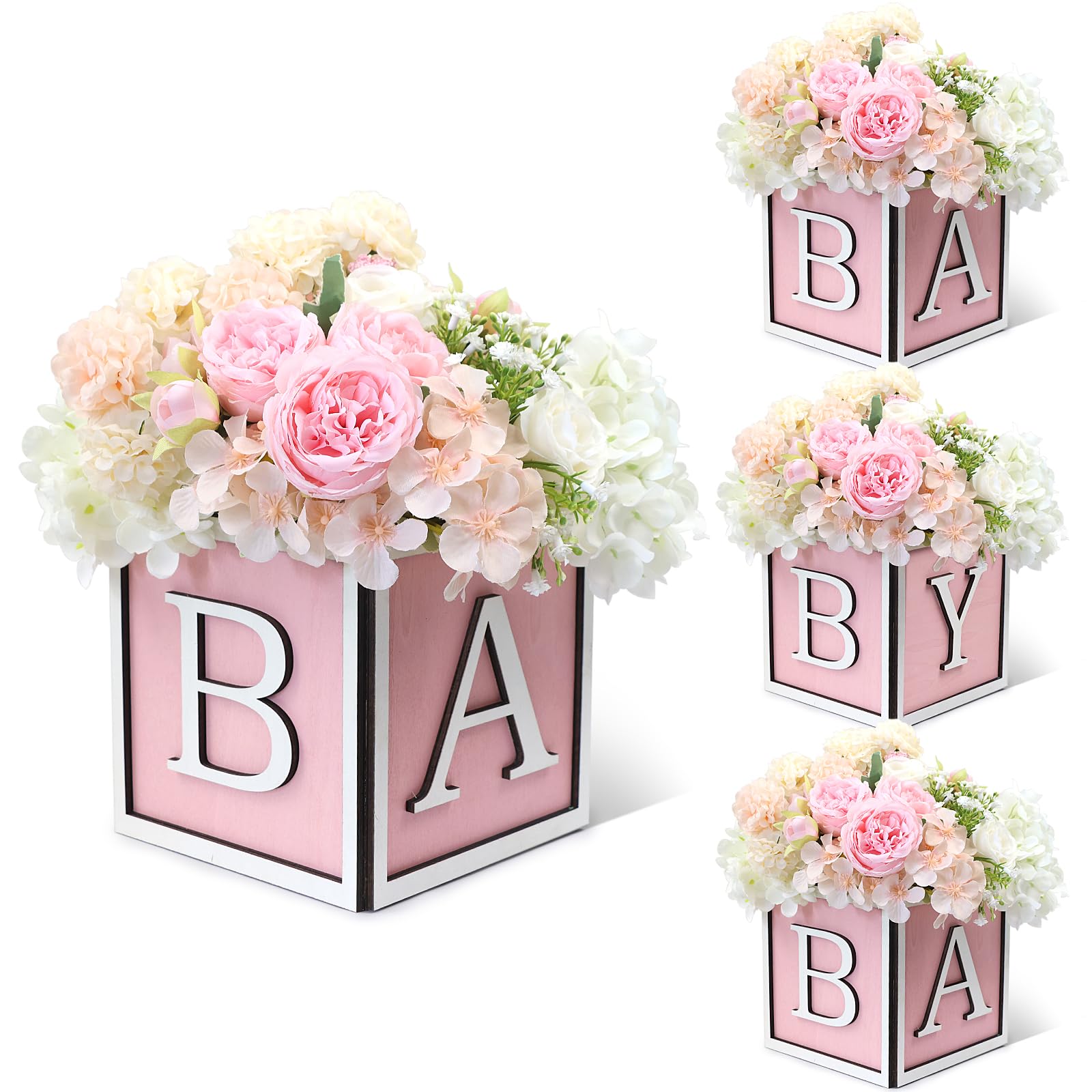 Photo 1 of Acmee 4 Set Baby Shower Centerpieces for Tables - 6 inch Wooden Boxes with Baby Letters Rustic Cube Planter Wood Blocks for Boy Girl Gender Reveal Party Favor (Pink)