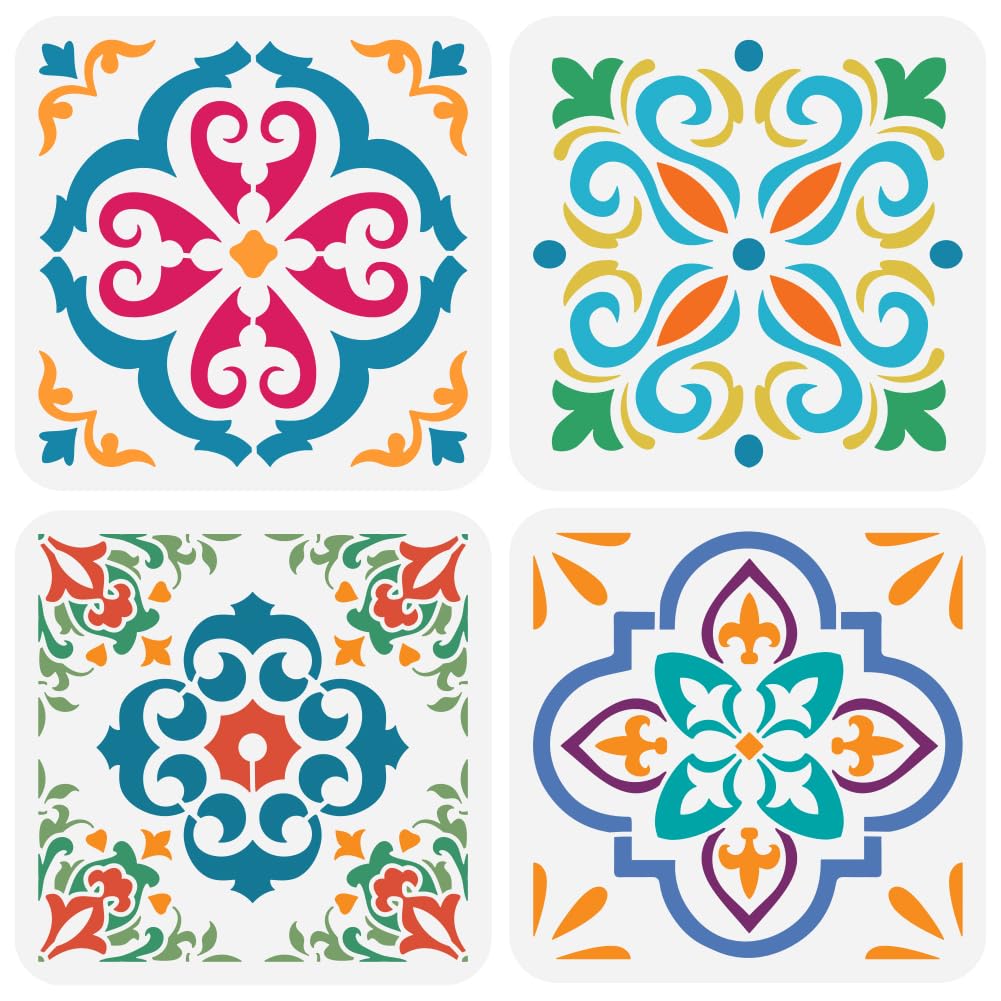 FINGERINSPIRE 4PCS Tile Pattern Painting Stencils 20x20cm Damask Border Stencils Reusable Floral Damask Decorative Stencil for Painting on Wall Wood Floor Tile Canvas Fabric Furniture DIY Home Decor