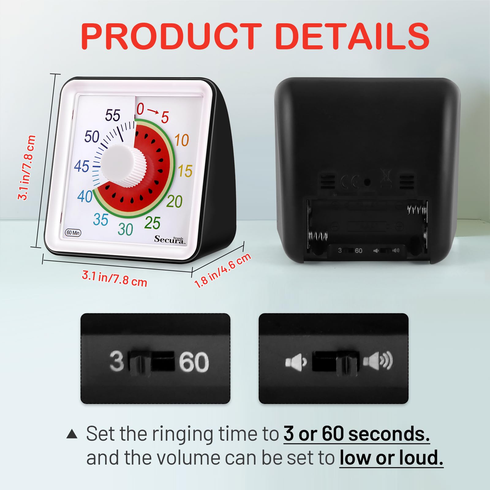 Secura 60-Minute Visual Countdown Timer for Kids & Adults, Classroom Time Management Tool (Black)
