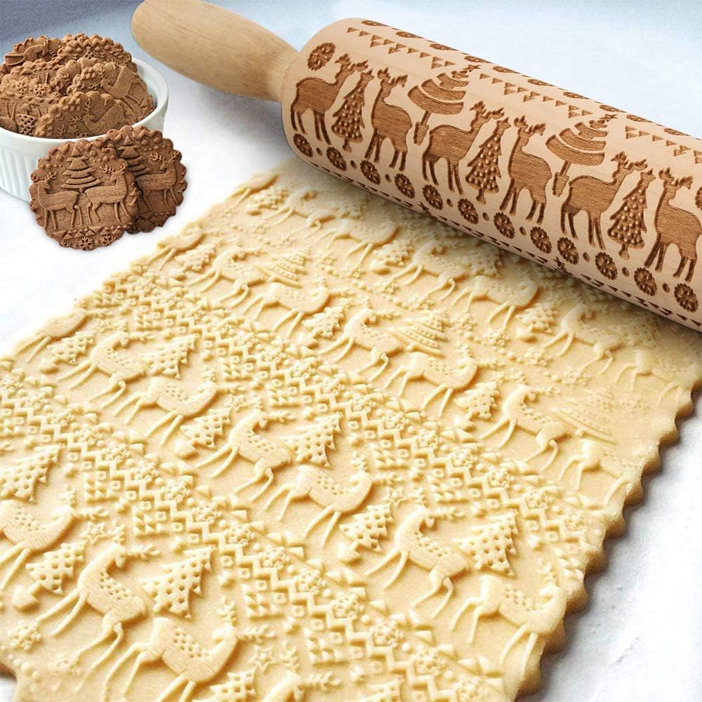 VZATT Engraved Rolling Pin Christmas Embossed Rolling Pins, 3D Decorative Chapati Patterned Rolling Pin For Baking, Cookie Beech Rolling Pin Kitchen Tool For Dough & Fondant, Crusts, Pies & Pastry