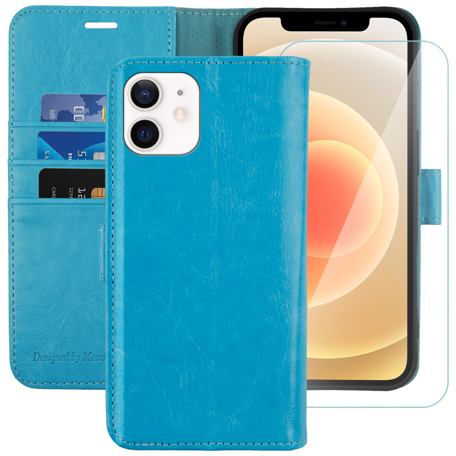 MONASAY iPhone 12 mini Wallet Case,5.4-inch, [Glass Screen Protector Included] [RFID Blocking] Flip Folio Leather Cell Phone Cover with Credit Card Holder for iPhone 12 mini,Light Blue — image 1