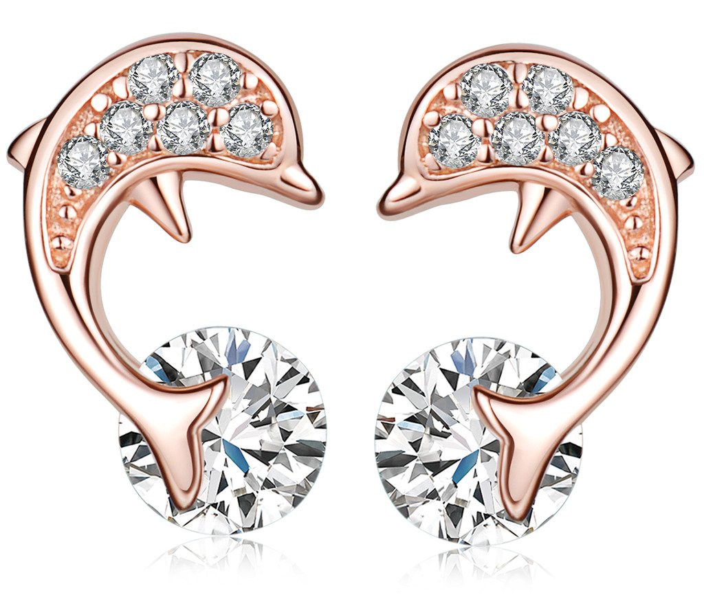 Yumilok Jewelry 925 Sterling Silver Rose Gold Plated Cubic Zirconia Dolphins Stud Hypoallergenic Earring for Women/Ladies/Girls