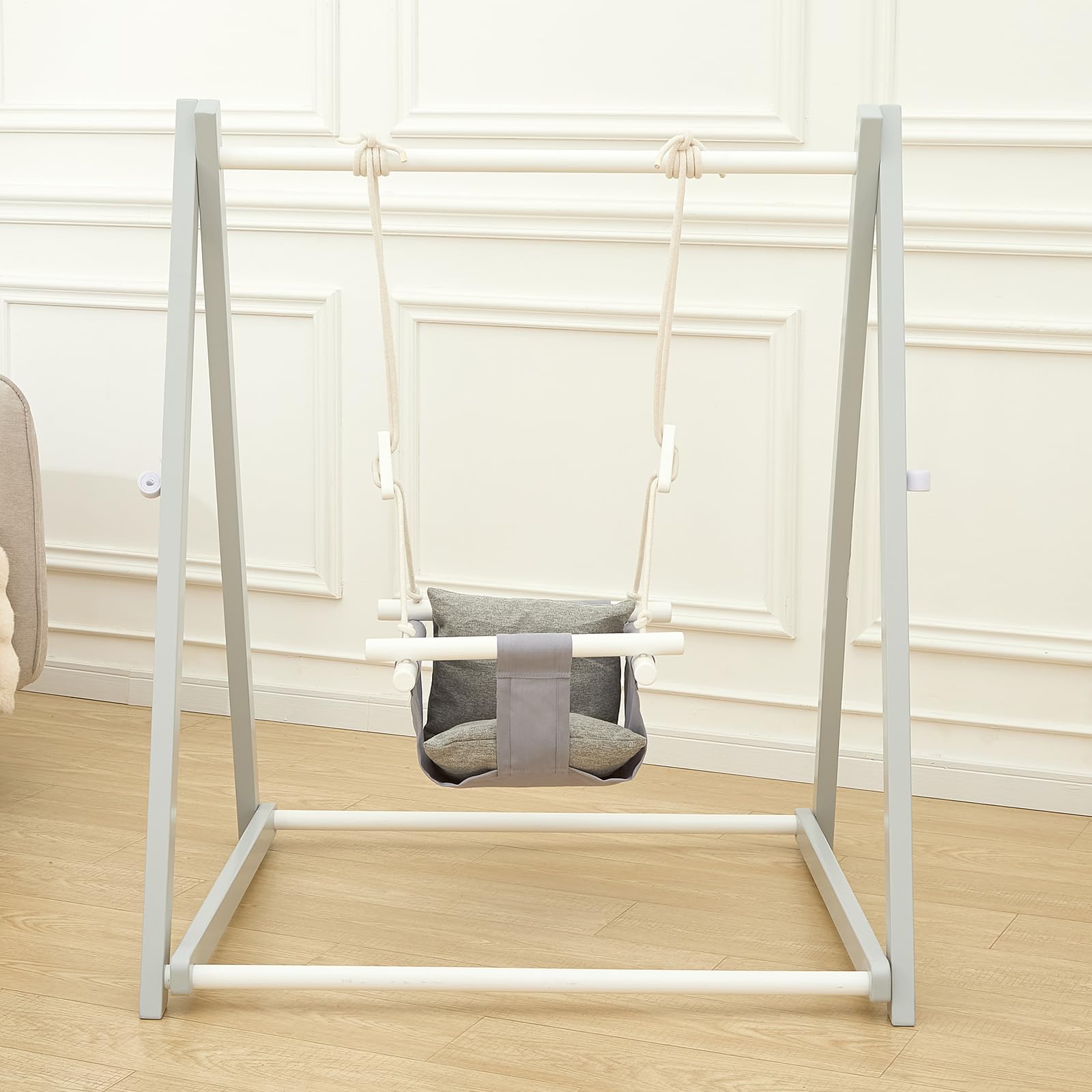 FUNLIO Wooden Swing Set for Toddlers 6-36 Months, Foldable Baby Swing Set with Durable Pine, Portable Toddler Swing with 4 Sandbags & Extension Straps, for Indoor/Outdoor/Backyard - Grey