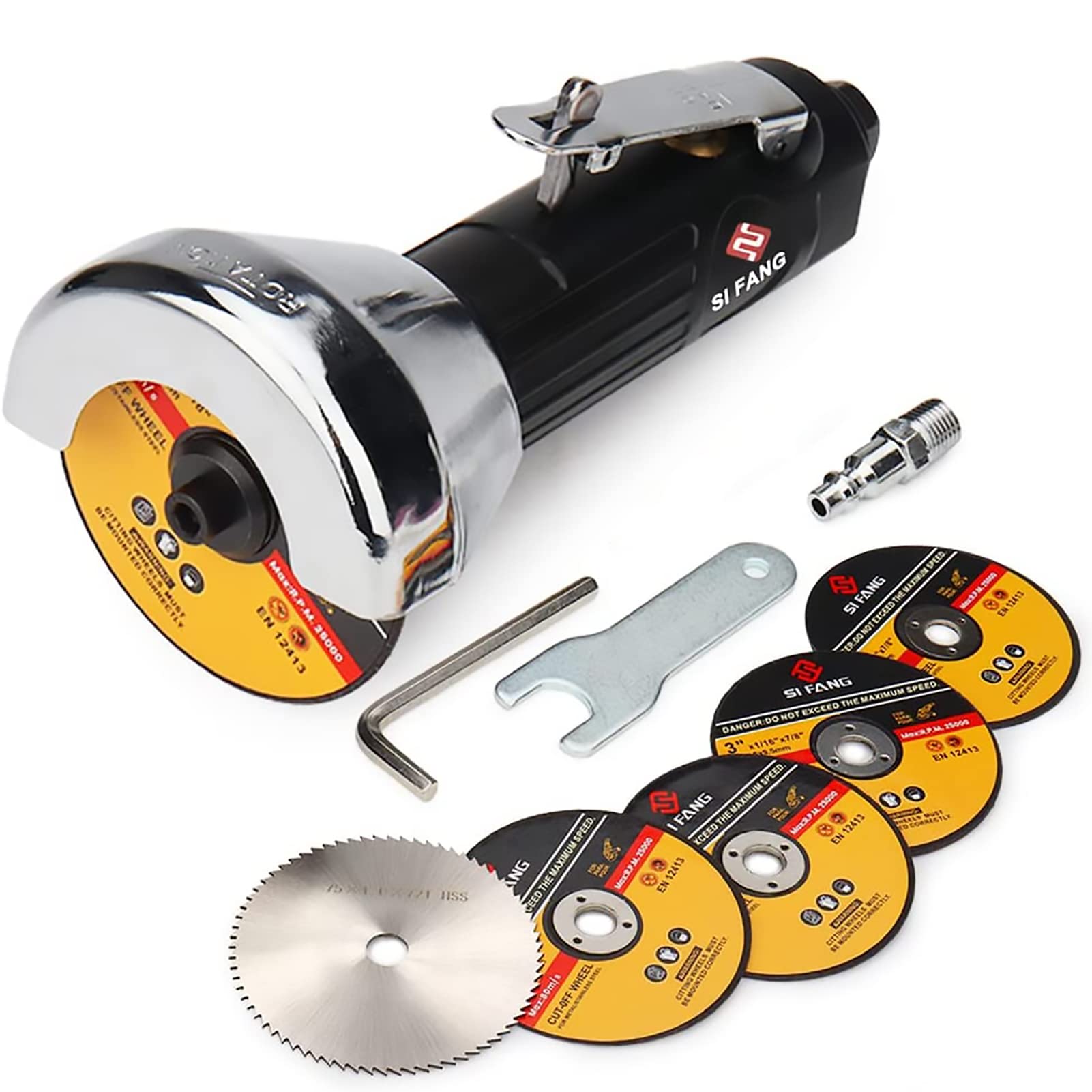 SI FANG 3 Inch Air Cut-Off Tool with 5Pcs Die Grinder Cutting Wheels and 1Pcs HSS Circular Saw Blade, 75mm Pneumatic Metal & Stainless Steel Sheet Cutter Discs Angle Grinder Kit, 20000RPM