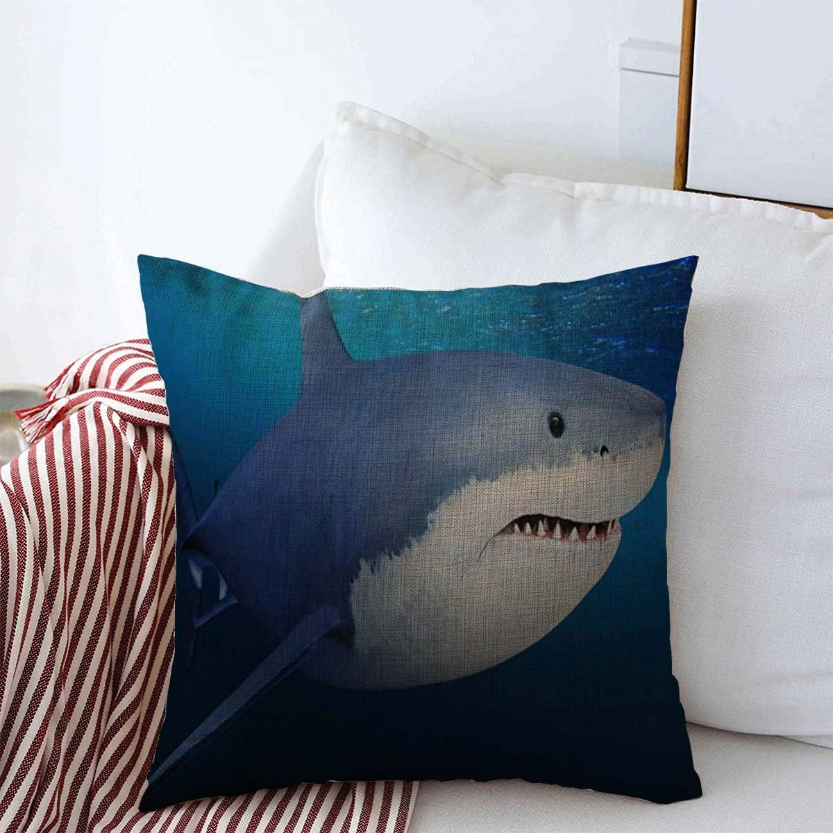 Throw Pillow Covers Ocean Great White Shark Carcharodon Carcharias Worlds is Ecosystem 39 Largest Known Extant Predatory Cushion Case Cotton Linen for Winter Home Couch Bed Decor 16" x 16"