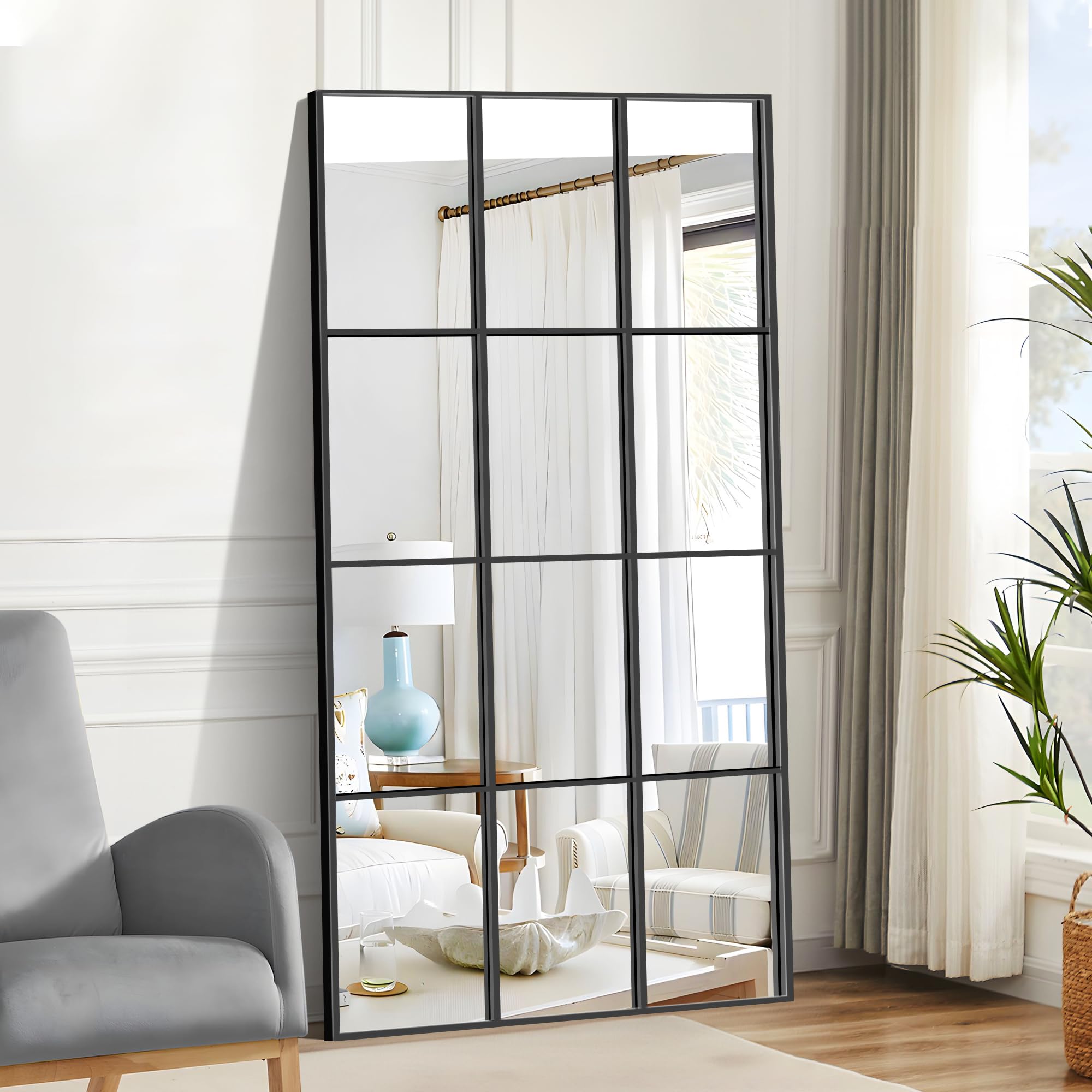 Photo 1 of NIMURY Rectangle Mirror, Wall Mounted, 30"x60" Window Pane Mirror Wall Decor Metal Framed, Large Black Mirror for Bedroom Living Room Fireplace Entryway Hanging or Leaning Against Wall